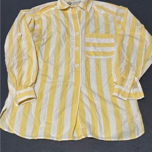 Vintage 80s 90s Chaus Yellow White Womens M Striped Long Sleeve Button Up Blouse